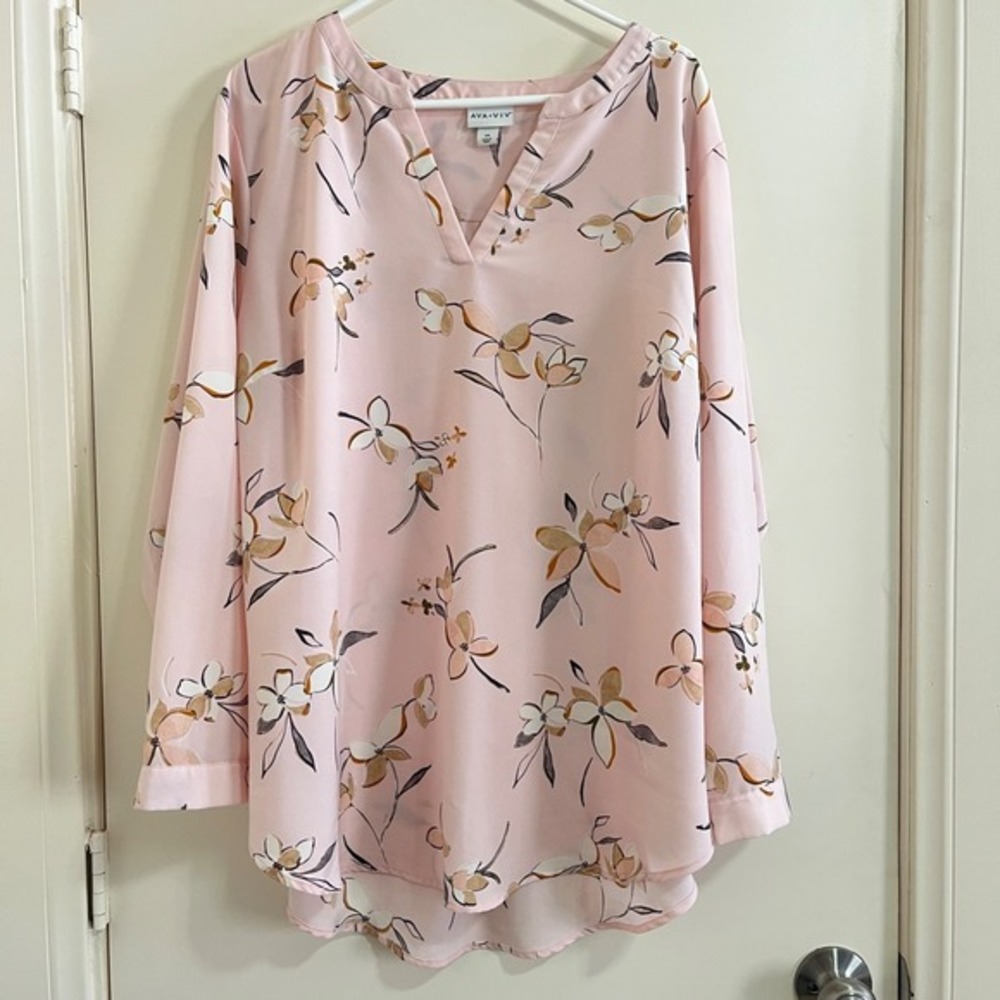 Ava & Viv Women Plus 3X Plus Floral Blouse Pink Modest Career Office Top Cottage